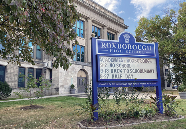 The school sign in front of Roxborough High School