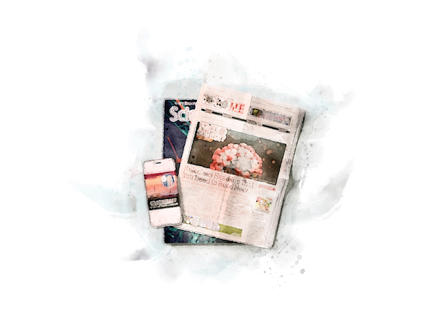 An illustration of a smartphone, magazine, and newspaper with a coronavirus image 