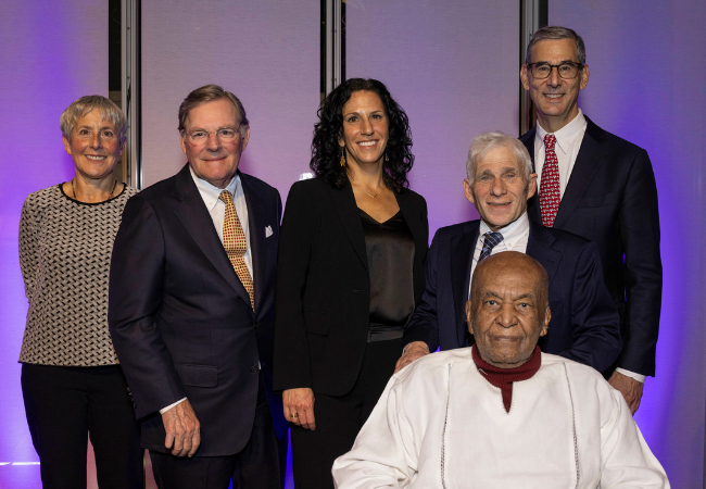 At the 2024 Harold W. McGraw, Jr. Prize in Education Nov. 13 celebration, from left, Jody Lewen, Harold McGraw III, Penn GSE Dean Katharine Strunk, Robert Lerman, Edmund W. Gordon, and GSE Vice Dean of Innovative Programs and Partnerships Michael Golden. 