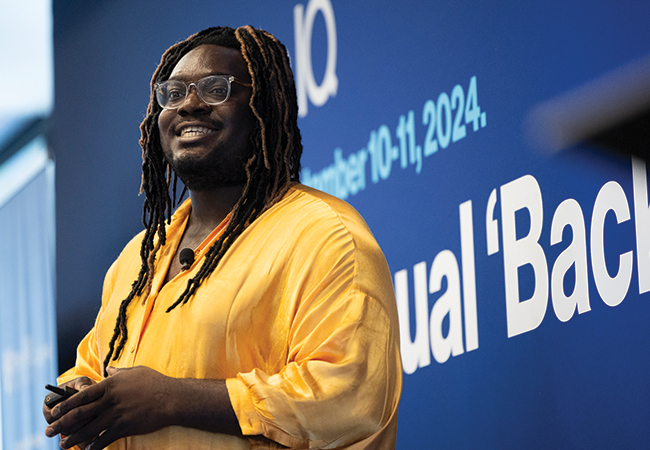 Nick Okafor, founder of trubel&co, delivers his final pitch at the 2024 finals hosted at the HolonIQ Back to School Summit in New York City last September.