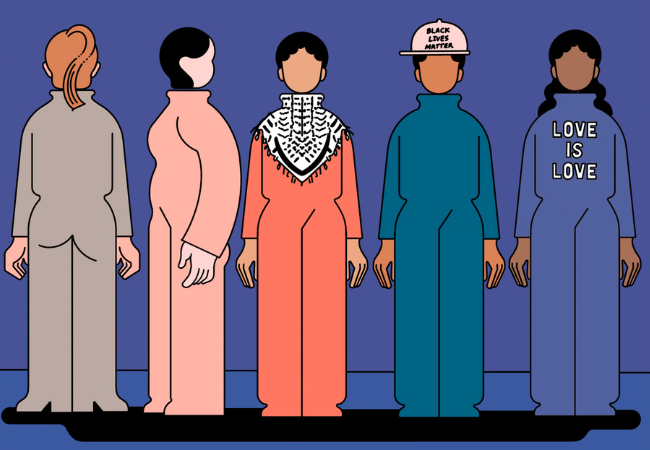 An illustration of five diverse individuals standing in a row from behind, each with unique outfits: a keffiyeh scarf, a 'Black Lives Matter' cap, and 'Love is Love' on a jumpsuit, against a dark blue background