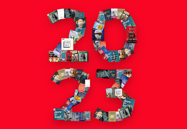 The numbers "2023" made out of book covers and podcast title artwork.