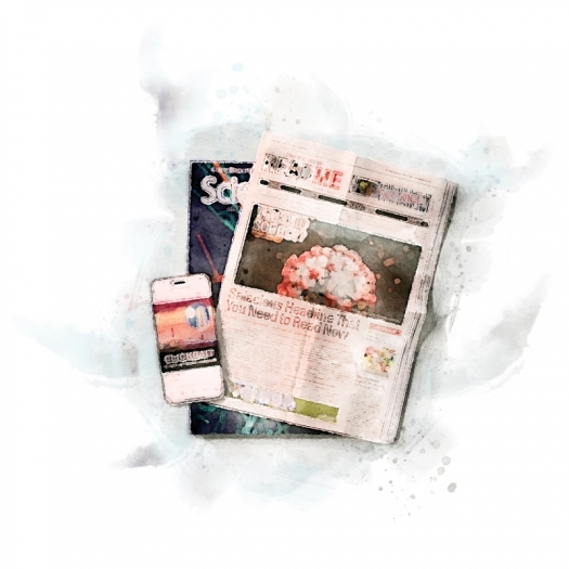 An illustration of a smartphone, magazine, and newspaper with a coronavirus image 