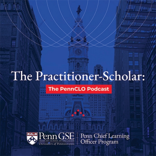The Practioner–Scholar: The PennCLO Podcast title card, featuring a view of Philadelphia City Hall's clocktower from North Broad Street set in blue
