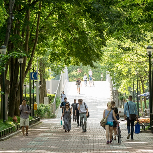 Penn students walking on Locust Walk in the summer