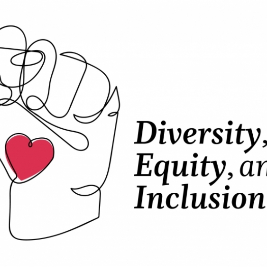 A free-hand digital illustration of a clenched fist containing a bright, red-colored heart. Text says “Diversity, Equity, and Inclusion.”
