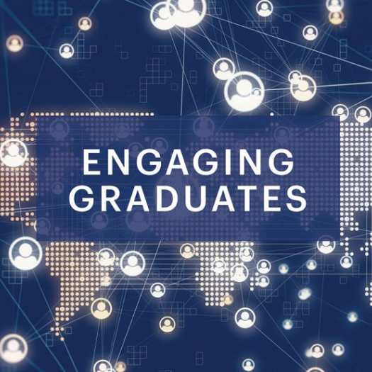 A digital world map lit up by several points of light against a navy blue background. Icons symbolizing people are linked by beams across the map and beyond. A headline reads, “Engaging Graduates.”