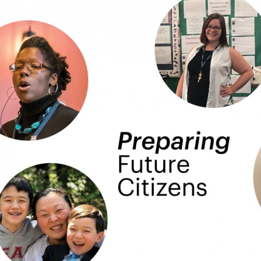 Circle-shaped headshots of three Penn GSE alumni appear against a white background with the headline “Preparing Future Citizens."