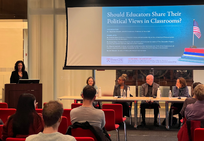 Penn GSE Dean Katharine Strunk delivers opening remarks at the panel discussion.