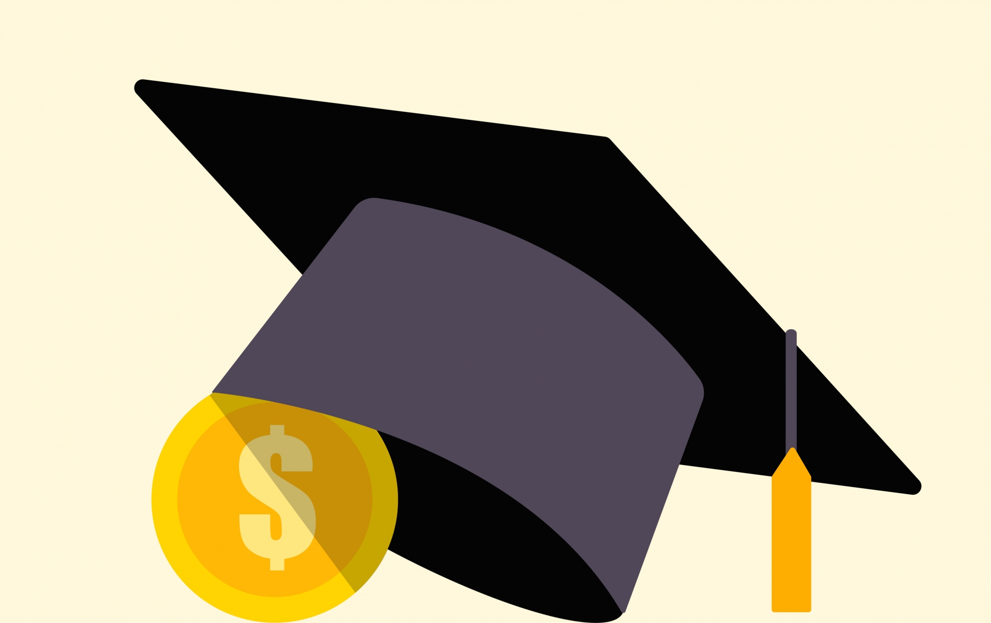 A black graduation cap with a yellow tassel and a gold coin with a dollar sign, representing education and finances</span><span>